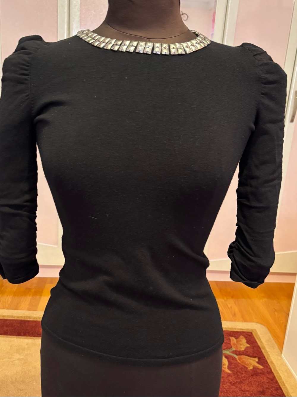 Black Embellished Neck Puff Sleeve Women's Top